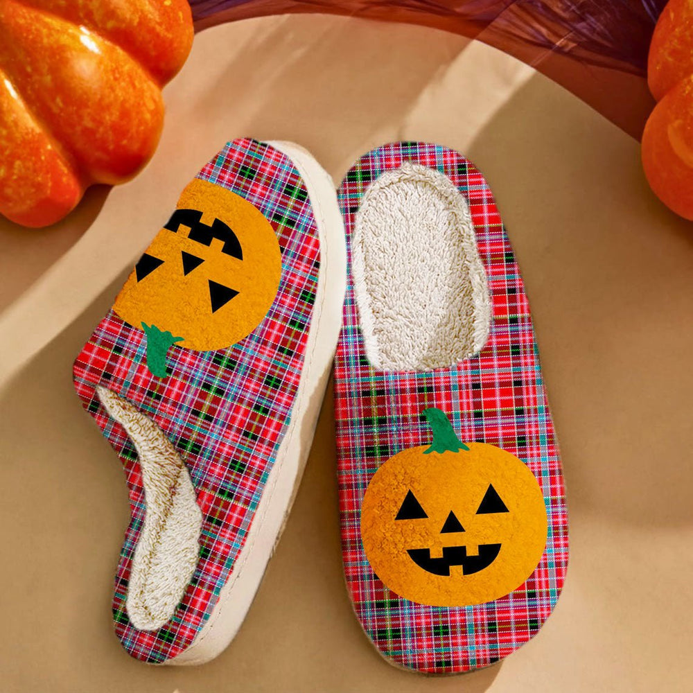Clan Aberdeen District Tartan Halloween Pumpkin Slippers, Fluffy Spooky Slippers HD36 Aberdeen District Tartan Tartan Halloween   