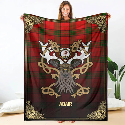 Clan Adair Modern Tartan Crest Premium Blanket Celtic Stag Style CI75