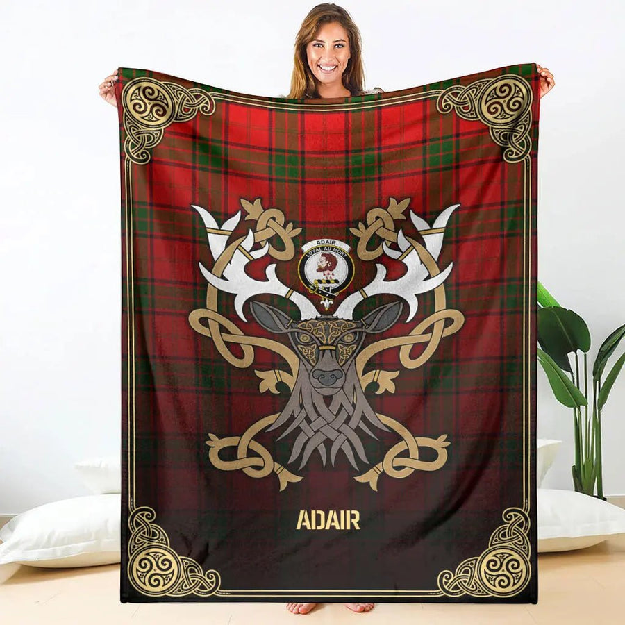 Clan Adair Modern Tartan Crest Premium Blanket Celtic Stag Style