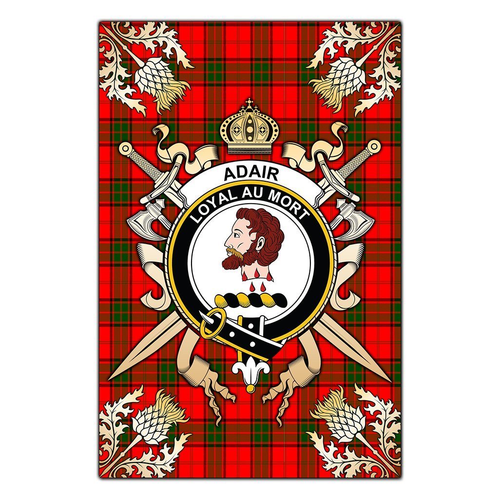 Clan Adair Tartan Crest Black Garden Flag  - Gold Thistle  EB45 Clan Adair Tartan Today   