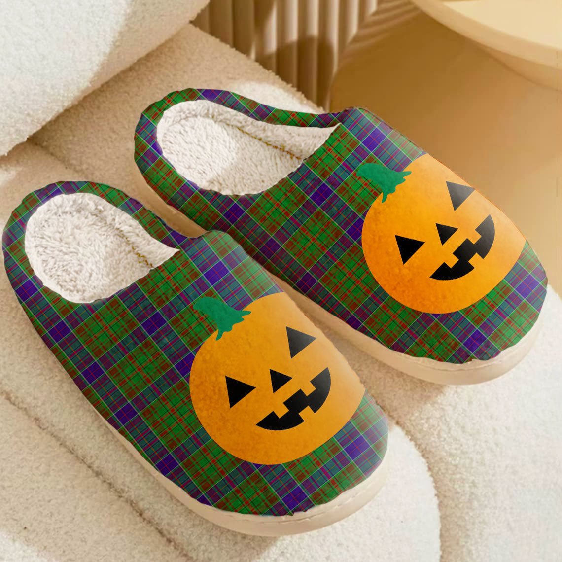 Clan Adam Tartan Halloween Pumpkin Slippers, Fluffy Spooky Slippers NJ62 Adam Tartan Tartan Halloween   
