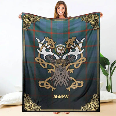 Clan Agnew Ancient Tartan Crest Premium Blanket Celtic Stag Style AF23