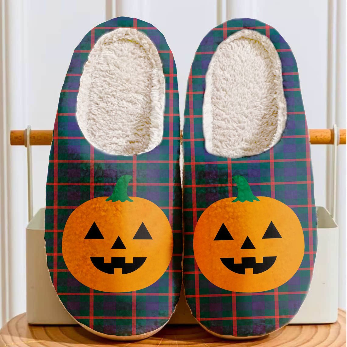 Clan Agnew Modern Tartan Halloween Pumpkin Slippers, Fluffy Spooky Slippers HK75 Agnew Modern Tartan Tartan Halloween   
