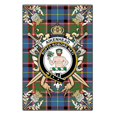Clan Aikenhead Tartan Crest Black Garden Flag - Gold Thistle