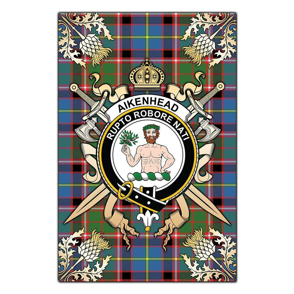 Clan Aikenhead Tartan Crest Black Garden Flag  - Gold Thistle  UM42 Clan Aikenhead Tartan Today   