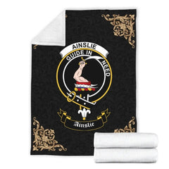 Clan Ainslie Crest Tartan Premium Blanket Black PA46 Clan Ainslie Tartan Today   