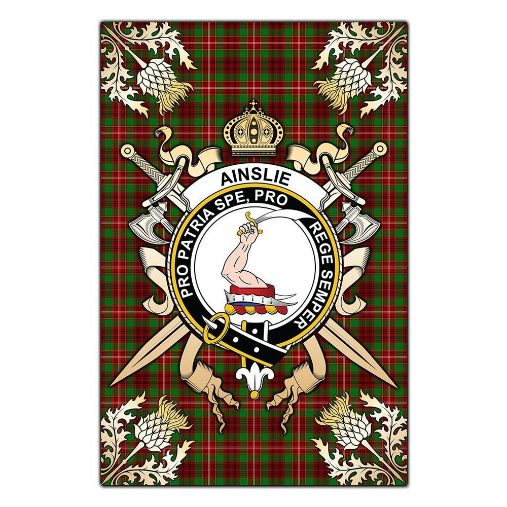 Clan Ainslie Tartan Crest Black Garden Flag  - Gold Thistle  JH49 Clan Ainslie Tartan Today   