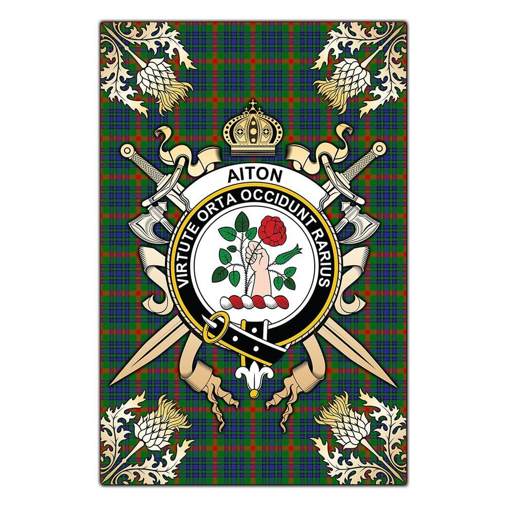 Clan Aiton Tartan Crest Black Garden Flag  - Gold Thistle  VL13 Clan Aiton Tartan Today   