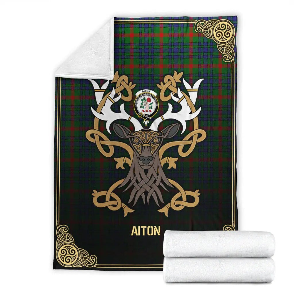 Clan Aiton Tartan Crest Premium Blanket Celtic Stag Style FG20 Clan Aiton Tartan Today   