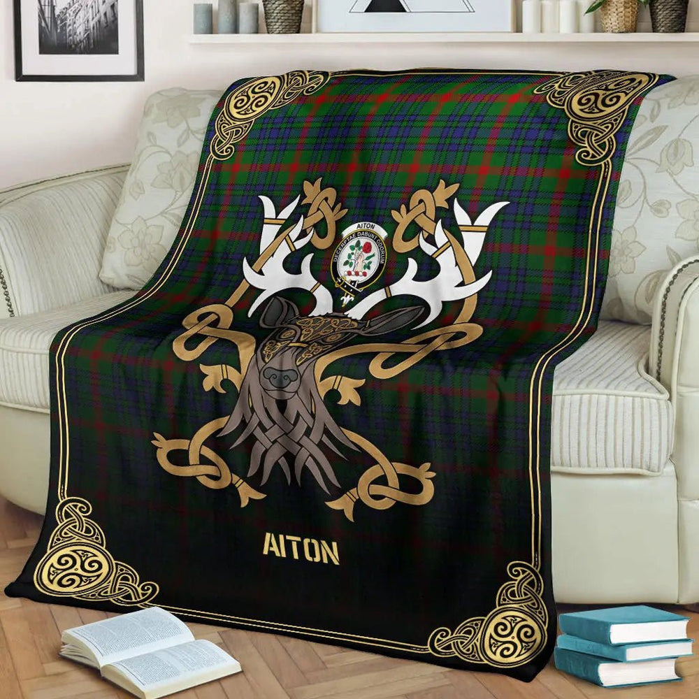 Clan Aiton Tartan Crest Premium Blanket Celtic Stag Style FG20 Clan Aiton Tartan Today   