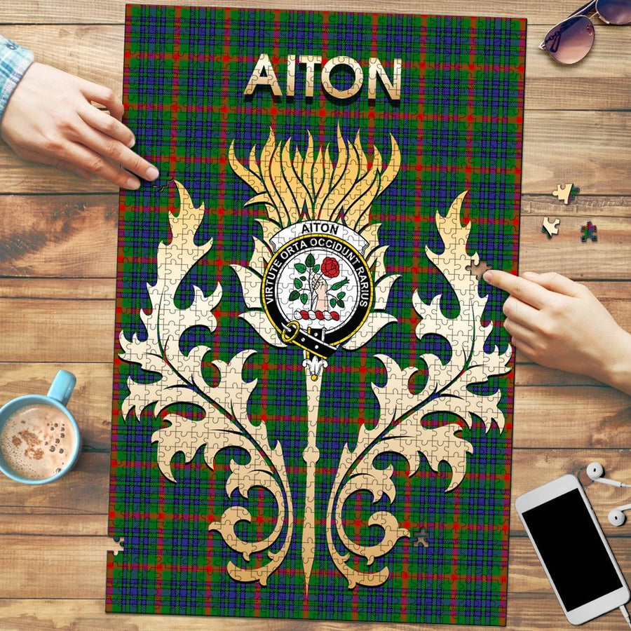 Clan Aiton Tartan Crest Thistle Jigsaw Puzzles Gift For Family