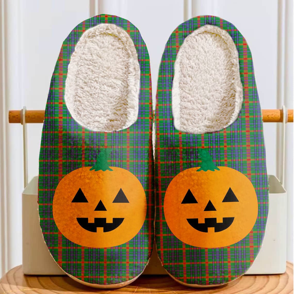 Clan Aiton Tartan Halloween Pumpkin Slippers, Fluffy Spooky Slippers UA77 Aiton Tartan Tartan Halloween   