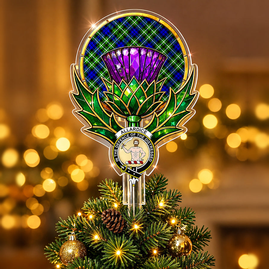 Clan Allardice crest in the centre of a stained-glass style thistle Christmas tree topper with the Allardice tartan behind the thistle