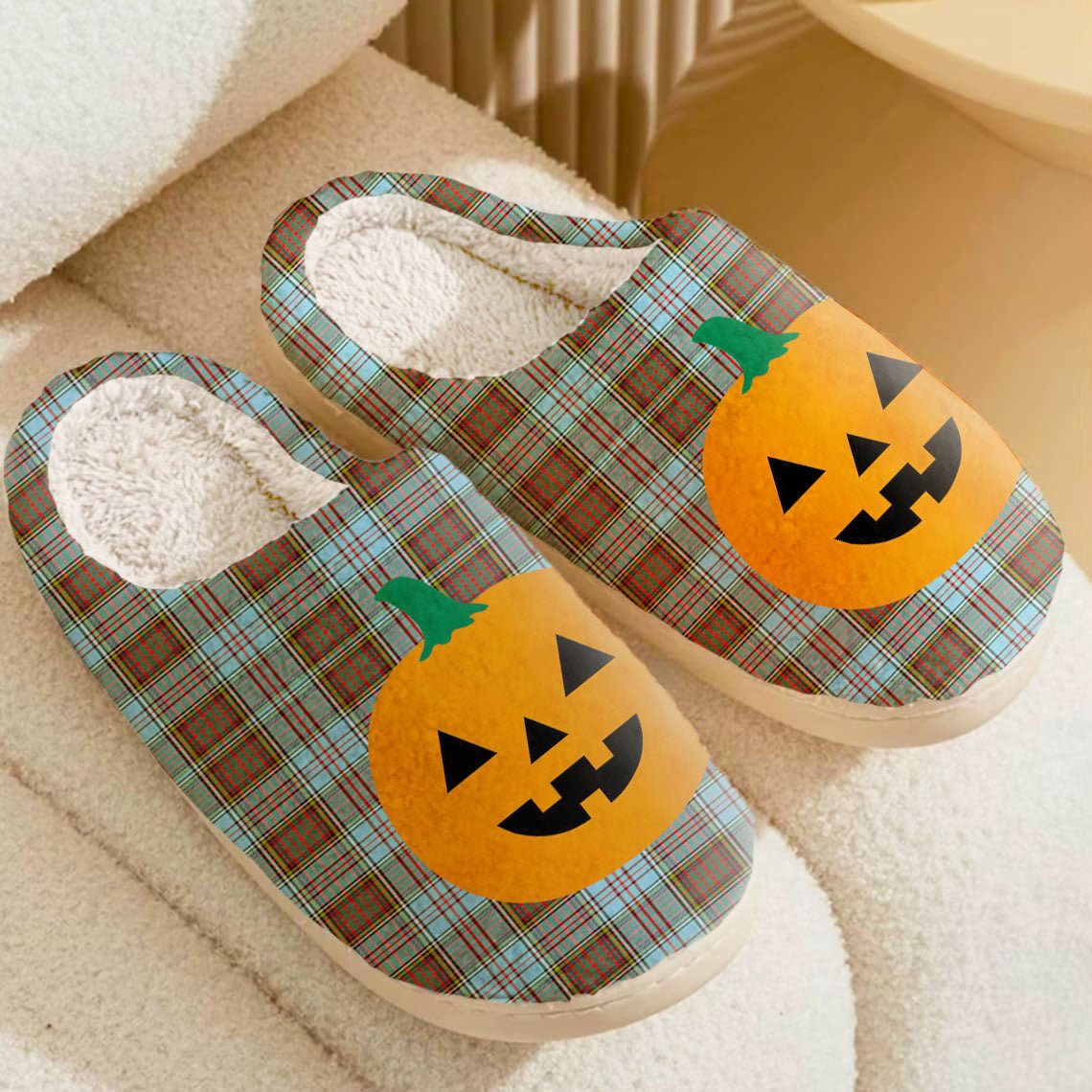 Clan Anderson Ancient Tartan Halloween Pumpkin Slippers, Fluffy Spooky Slippers WH77 Anderson Ancient Tartan Tartan Halloween   
