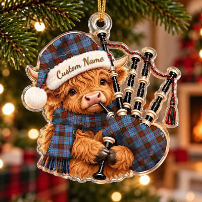 Clan Anderson Modern Tartan Piper Highland Cow Ornament with Custom Name