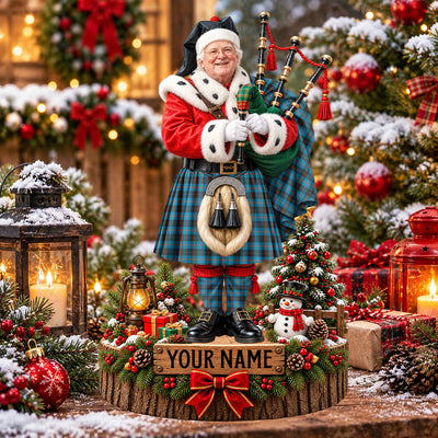 Clan Angus Ancient Tartan Christmas Piper Plaque with Custom Photo & Name
