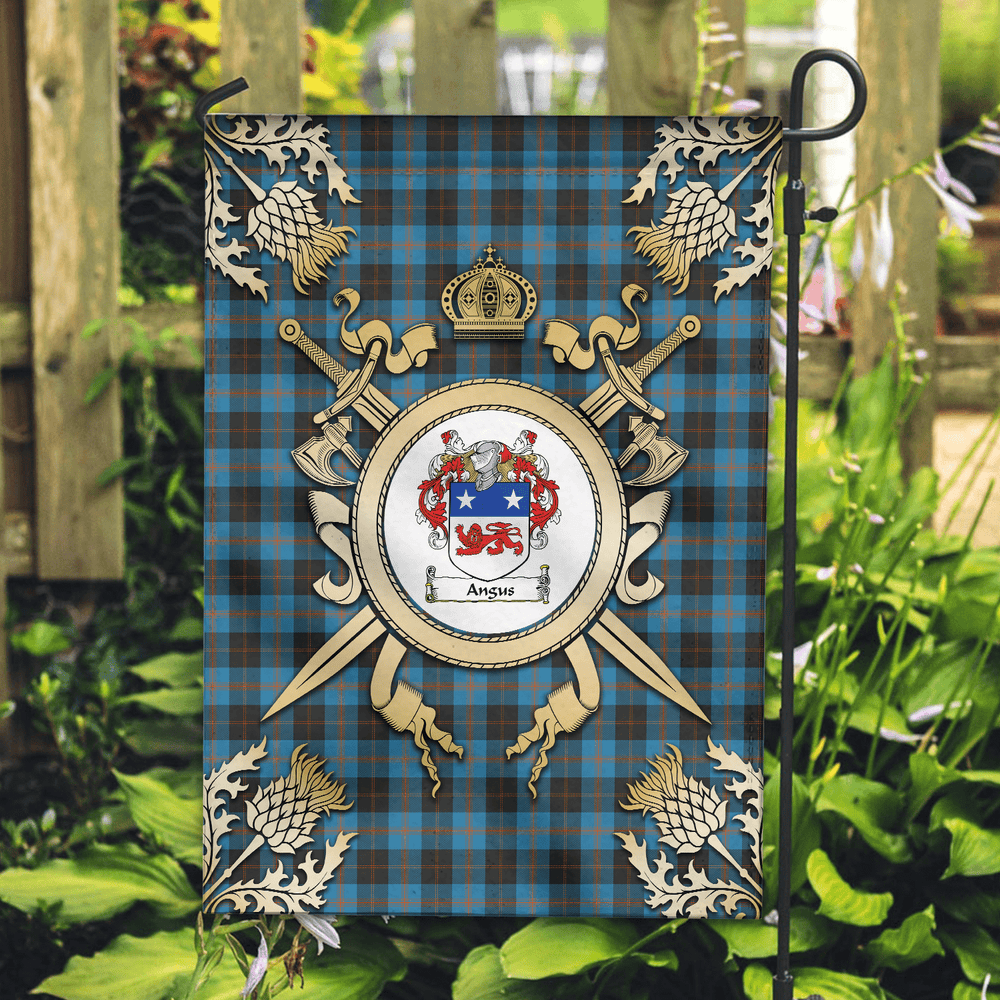 Clan Angus Ancient Tartan Crest Black Garden Flag  - Gold Thistle  QH54 Clan Angus Tartan Today   