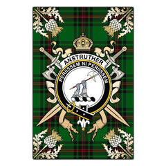 Clan Anstruther Tartan Crest Black Garden Flag  - Gold Thistle  UR51 Clan Anstruther Tartan Today   