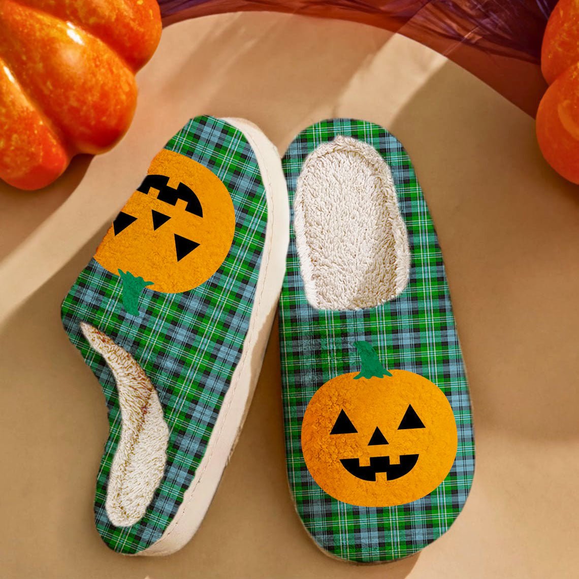 Clan Arbuthnot Ancient Tartan Halloween Pumpkin Slippers, Fluffy Spooky Slippers XO89 Arbuthnot Ancient Tartan Tartan Halloween   