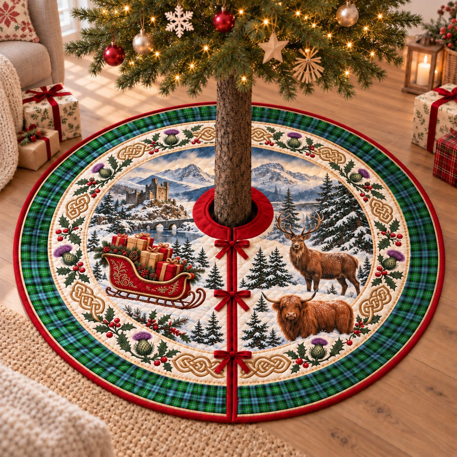 Arbuthnot Ancient tartan Christmas tree skirt with a Scottish Highland scene, stag, Highland cow and thistles under a Christmas tree