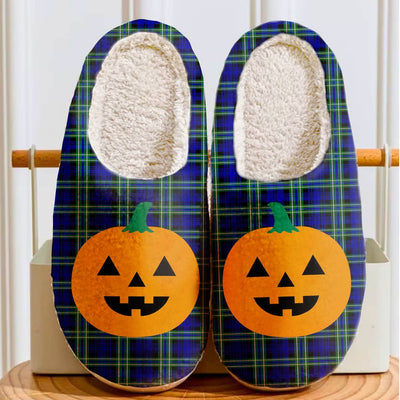 Clan Arbuthnot Modern Tartan Halloween Pumpkin Slippers, Fluffy Spooky Slippers