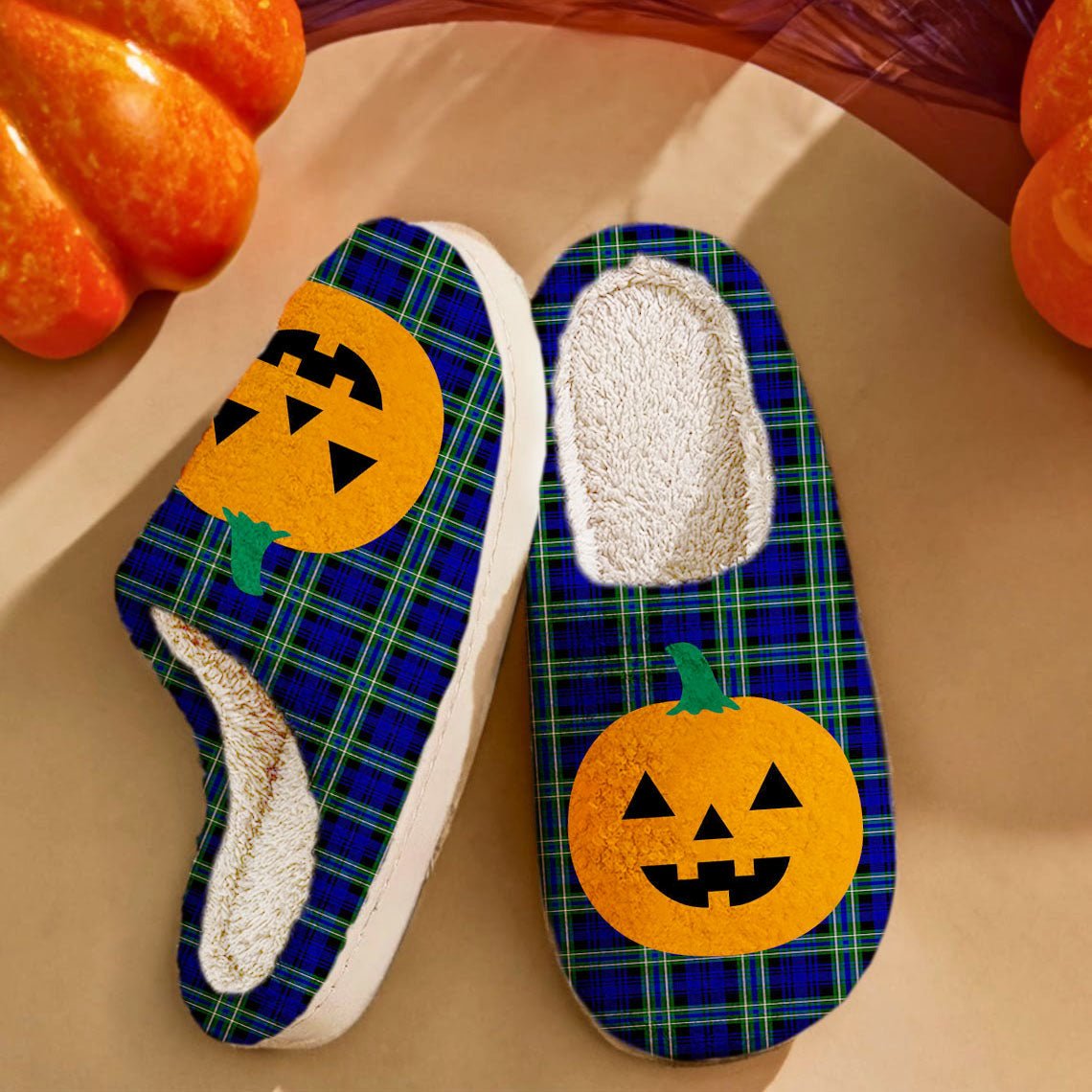 Clan Arbuthnot Modern Tartan Halloween Pumpkin Slippers, Fluffy Spooky Slippers YJ46 Arbuthnot Modern Tartan Tartan Halloween   