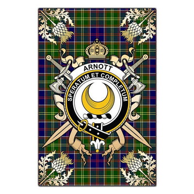 Clan Arnott Tartan Crest Black Garden Flag - Gold Thistle