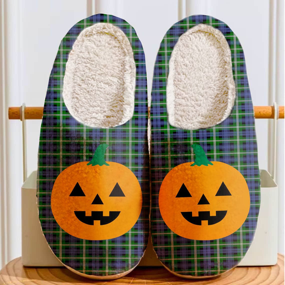 Clan Baillie Modern Tartan Halloween Pumpkin Slippers, Fluffy Spooky Slippers ZS27 Baillie Modern Tartan Tartan Halloween   