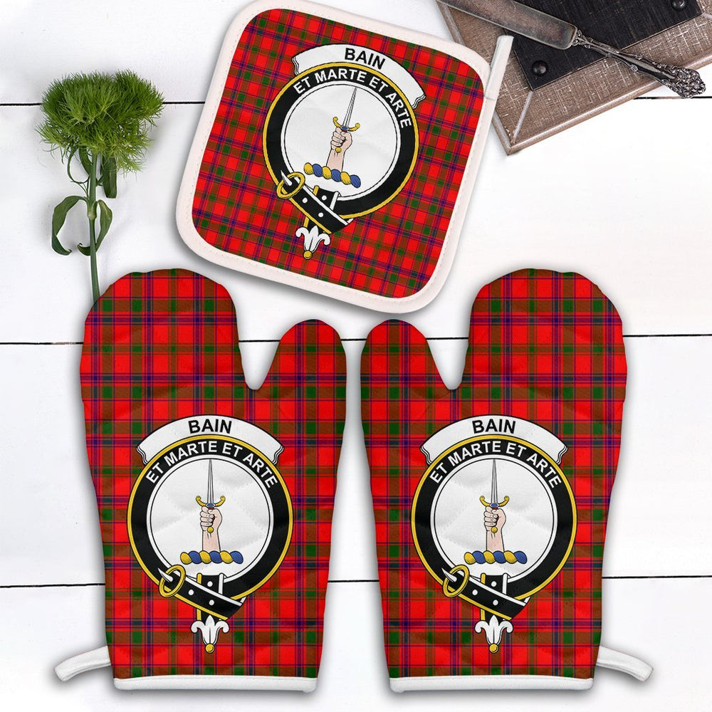 Clan Bain Tartan Crest Oven Mitt And Pot Holder (2 Oven Mitts + 1 Pot Holder) CS20 Clan Bain Tartan Today   