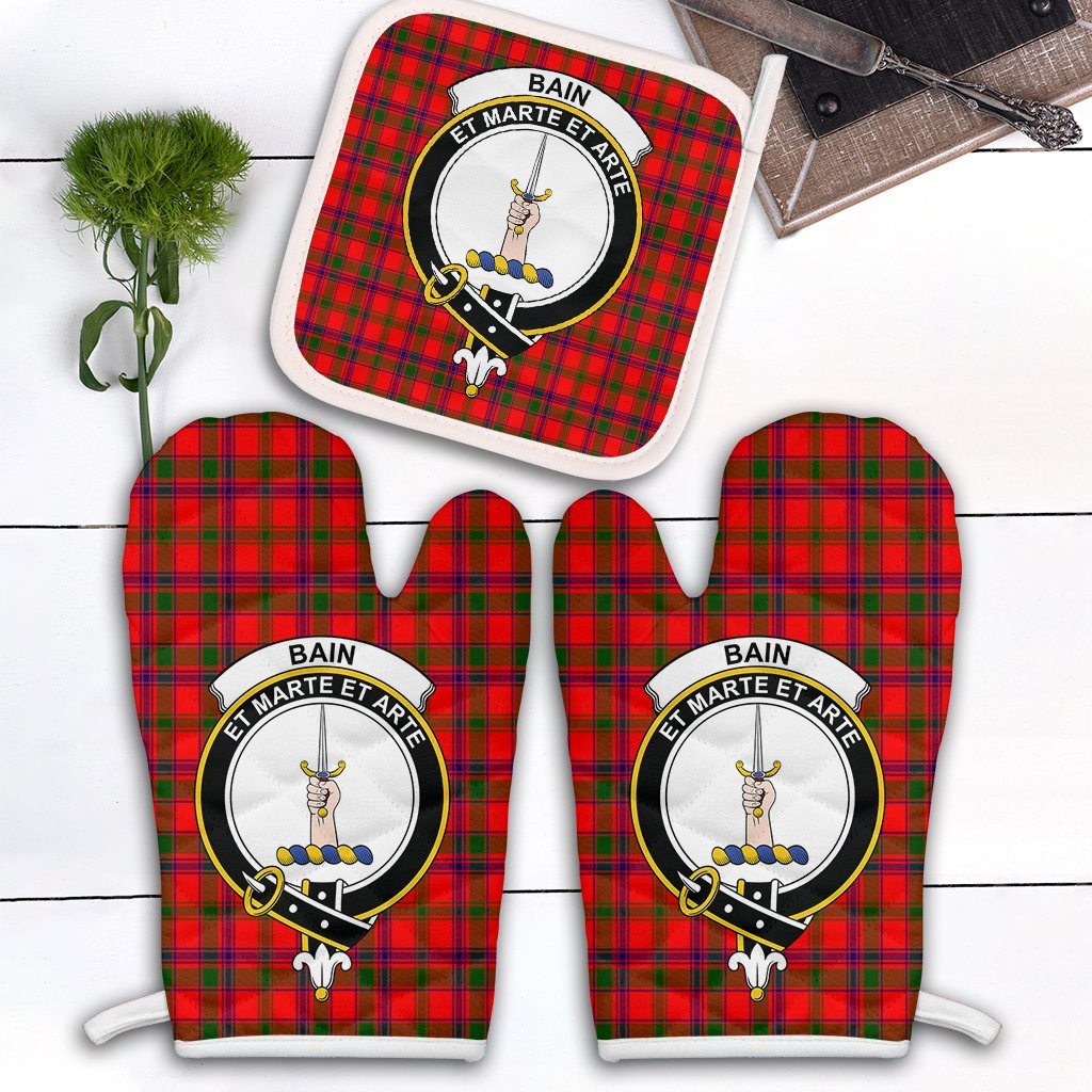 Clan Bain Tartan Crest Oven Mitt And Pot Holder (2 Oven Mitts + 1 Pot Holder) CS20 Clan Bain Tartan Today   