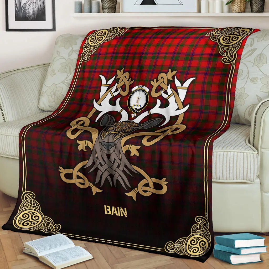 Clan Bain Tartan Crest Premium Blanket Celtic Stag Style NT39 Clan Bain Tartan Today   