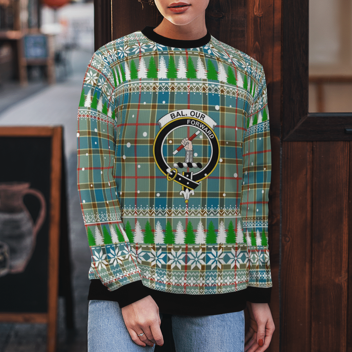 Clan Balfour Blue Crest Tartan Christmas Ugly Sweater SA83 Balfour Blue Crest Tartan Tartan Ugly Sweater   