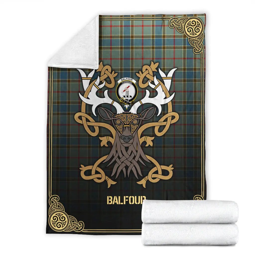 Clan Balfour Blue Tartan Crest Premium Blanket Celtic Stag Style PT59 Clan Balfour Tartan Today   