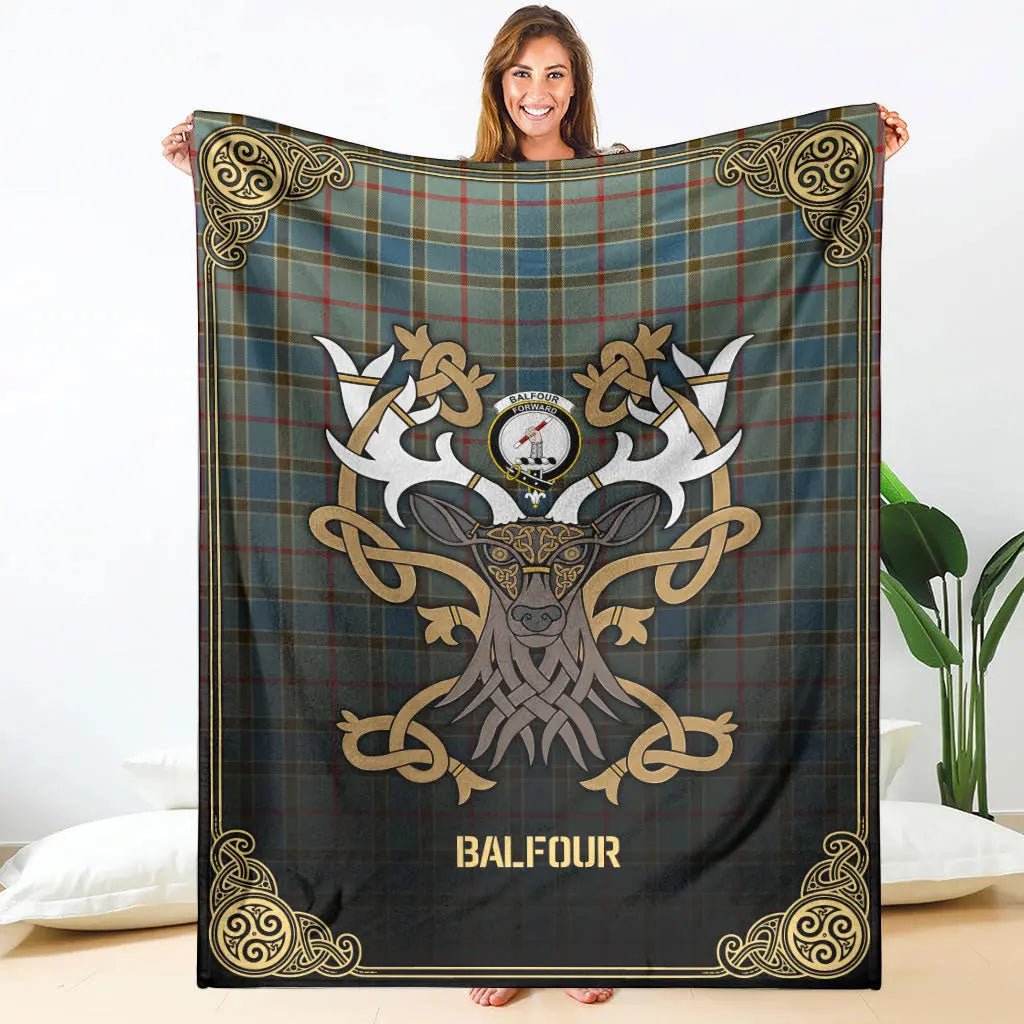 Clan Balfour Blue Tartan Crest Premium Blanket Celtic Stag Style PT59 Clan Balfour Tartan Today   