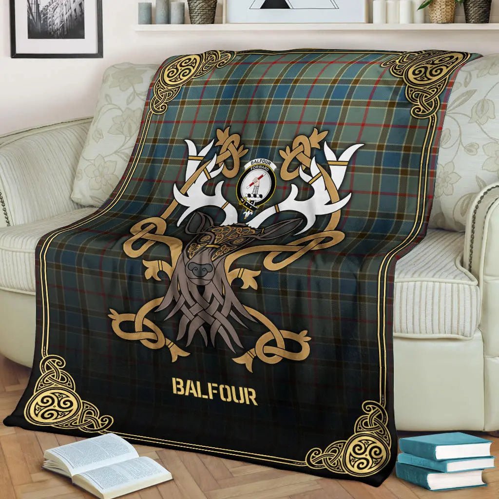 Clan Balfour Blue Tartan Crest Premium Blanket Celtic Stag Style PT59 Clan Balfour Tartan Today   