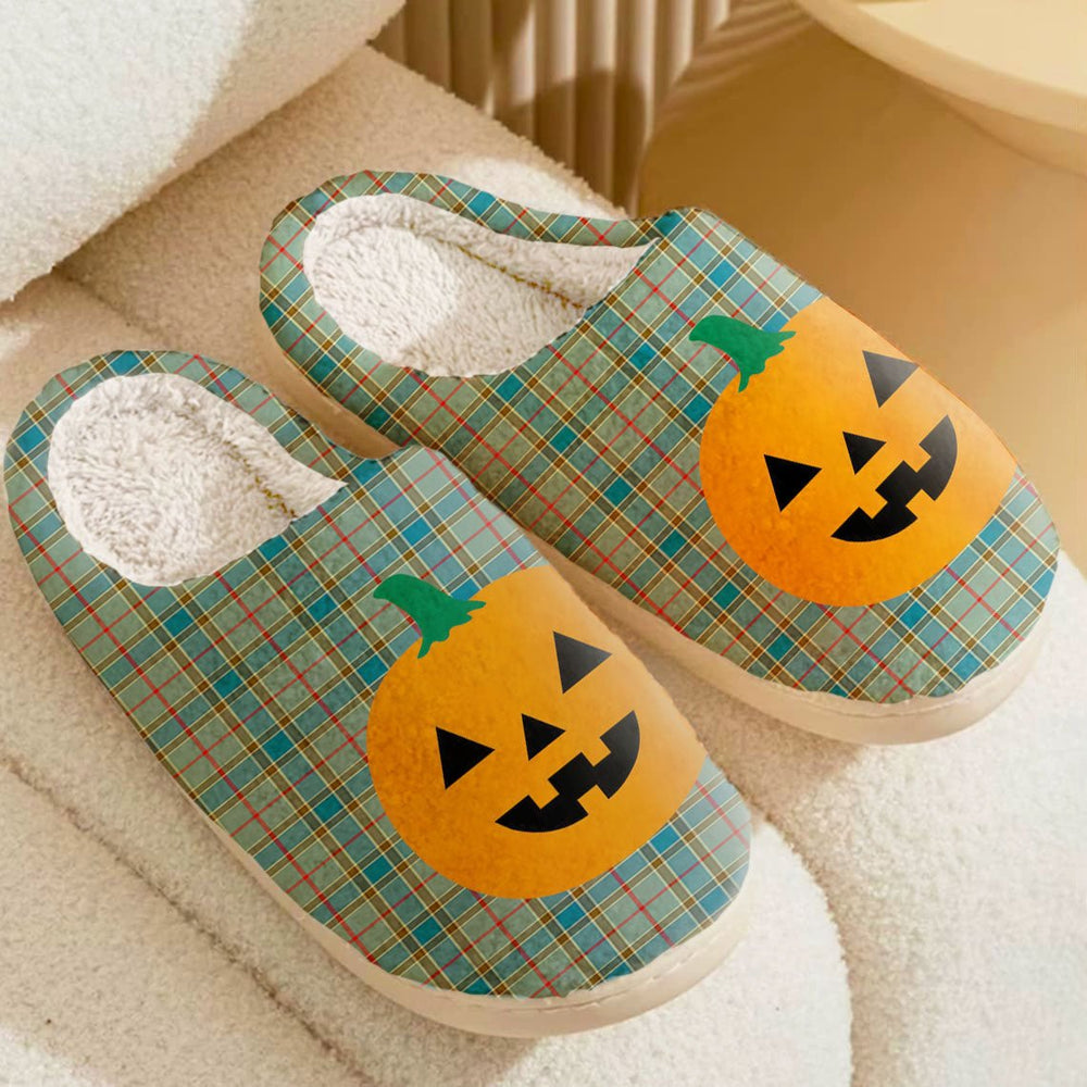 Clan Balfour Blue Tartan Halloween Pumpkin Slippers, Fluffy Spooky Slippers XH54 Balfour Blue Tartan Tartan Halloween   