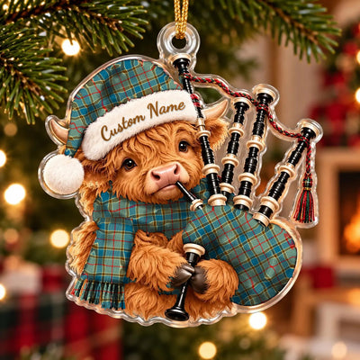Clan Balfour Blue Tartan Piper Highland Cow Ornament with Custom Name