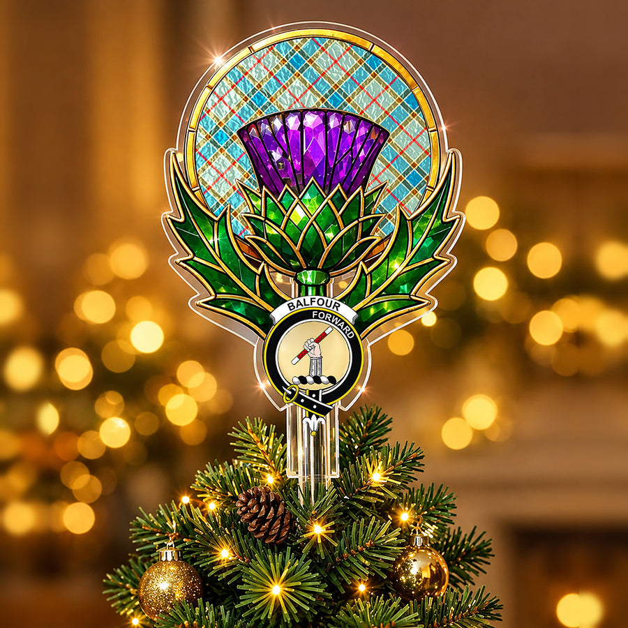 Clan Balfour crest in the centre of a stained-glass style thistle Christmas tree topper with the Balfour Blue tartan behind the thistle