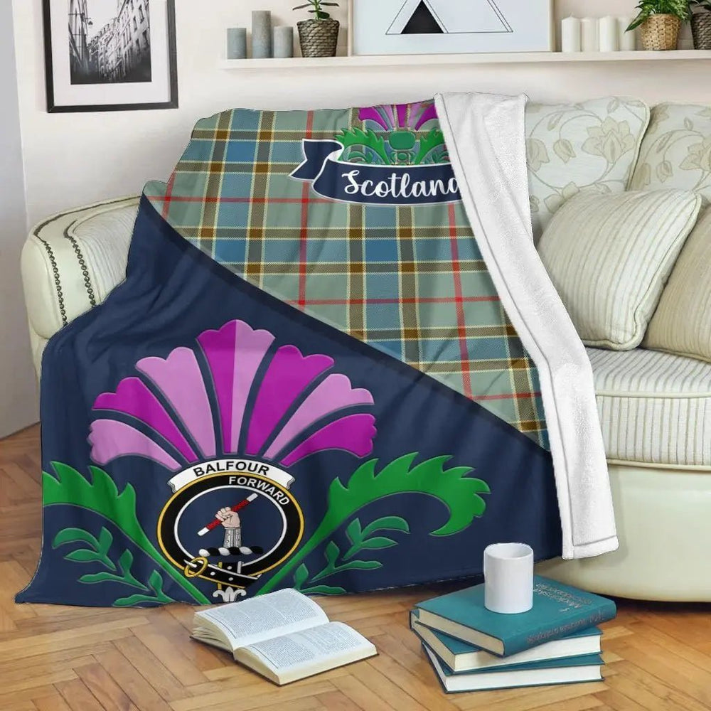 Clan Balfour Tartan Crest Premium Blanket Thistle Style GI27 Clan Balfour Tartan Today   