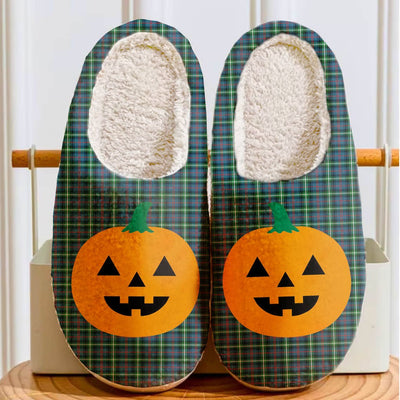 Clan Bannatyne 1 Tartan Halloween Pumpkin Slippers, Fluffy Spooky Slippers