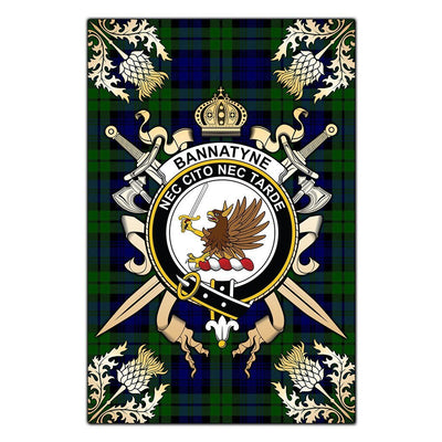 Clan Bannatyne Tartan Crest Black Garden Flag - Gold Thistle