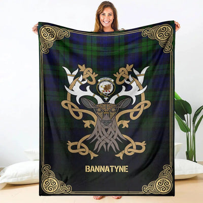 Clan Bannatyne Tartan Crest Premium Blanket Celtic Stag Style