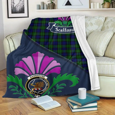 Clan Bannatyne Tartan Crest Premium Blanket Thistle Style