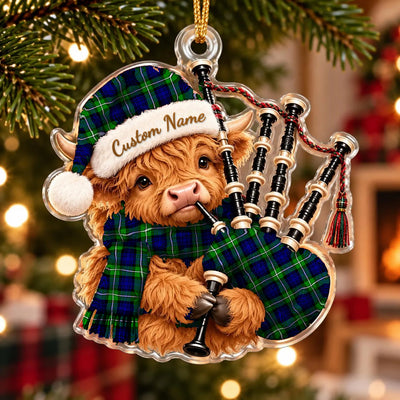 Clan Bannerman Tartan Piper Highland Cow Ornament with Custom Name