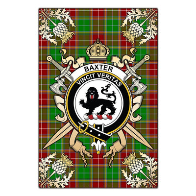 Clan Baxter Modern Tartan Crest Black Garden Flag - Gold Thistle QC24