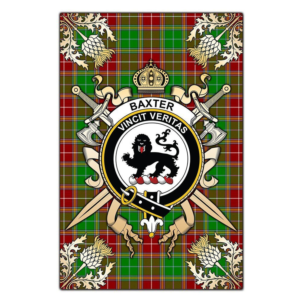 Clan Baxter Modern Tartan Crest Black Garden Flag  - Gold Thistle  QC24 Clan Baxter Tartan Today   