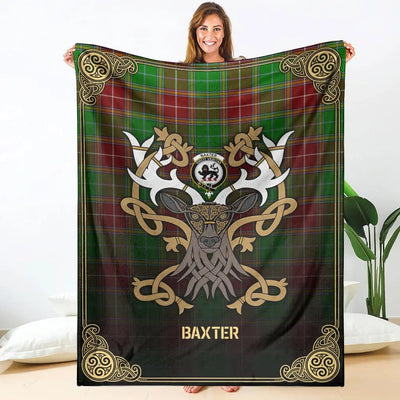 Clan Baxter Modern Tartan Crest Premium Blanket Celtic Stag Style LX11