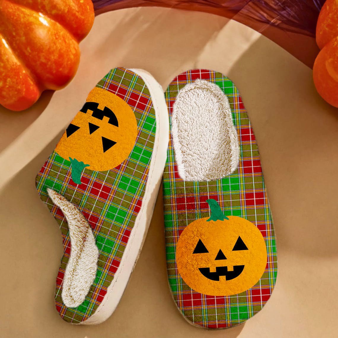 Clan Baxter Modern Tartan Halloween Pumpkin Slippers, Fluffy Spooky Slippers RG36 Baxter Modern Tartan Tartan Halloween   