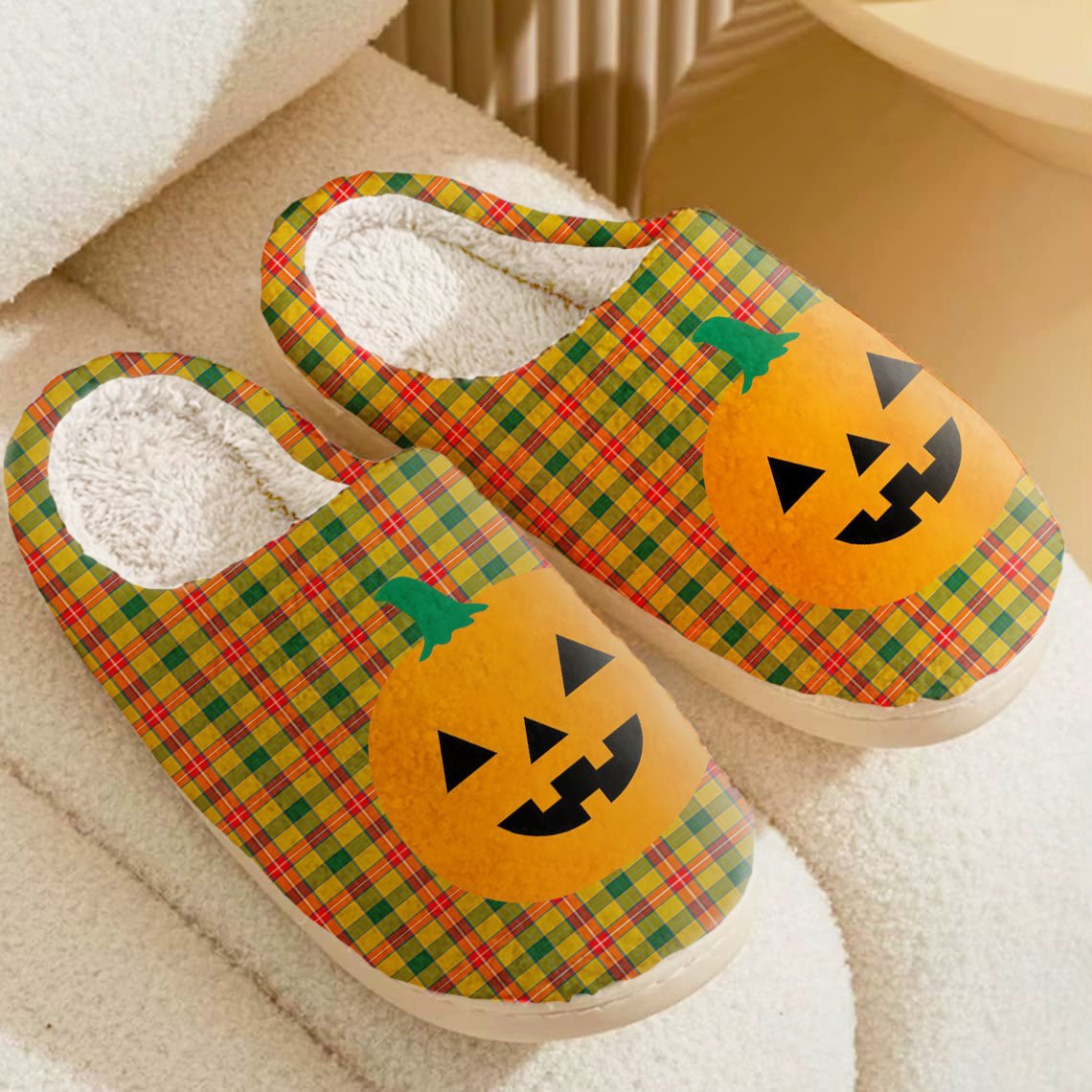 Clan Baxter Tartan Halloween Pumpkin Slippers, Fluffy Spooky Slippers MO72 Baxter Tartan Tartan Halloween   