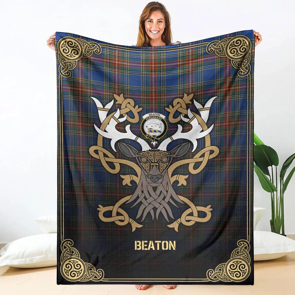 Clan Beaton Ancient Tartan Crest Premium Blanket Celtic Stag Style YJ46 Clan Beaton Tartan Today   